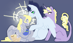 Size: 324x190 | Tagged: safe, artist:eqq_scremble, derpibooru exclusive, derpy hooves, dinky hooves, soarin', oc, pegasus, pony, unicorn, eqqverse, g4, derpin', family, female, freckles, headcanon, lineless, male, next generation, offspring, parent:derpy hooves, parent:doctor whooves, parents:derpin', parents:doctorderpy, shipping, straight