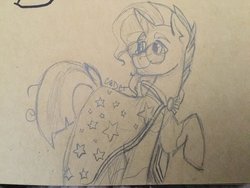 Size: 2048x1536 | Tagged: safe, artist:cadetredshirt, sunburst, pony, unicorn, g4, cloak, clothes, drawing, glasses, horn, looking back, male, pencil drawing, photo, raised hoof, sketch, solo, standing, stars, tan background, traditional art