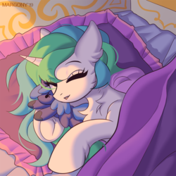 Size: 998x1000 | Tagged: safe, artist:margony, princess celestia, princess luna, alicorn, pony, g4, bed, cute, cutelestia, cuteness overload, daaaaaaaaaaaw, eyes closed, female, filly, happy, hug, in bed, open mouth, plushie, pony holding plushie, royal sisters, sleeping, woona, younger