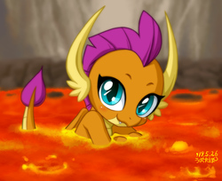 Size: 1200x980 | Tagged: safe, alternate version, artist:uotapo, smolder, dragon, g4, season 9, sweet and smoky, blushing, cute, dragoness, female, lava, lava bathing, looking at you, sitting, smiling, smolderbetes, solo, uotapo is trying to murder us