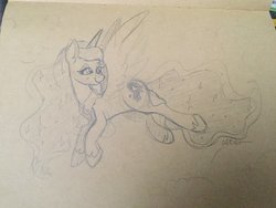 Size: 2048x1536 | Tagged: safe, artist:cadetredshirt, princess luna, alicorn, pony, g4, crown, ear fluff, ethereal mane, eyes open, female, flying, horn, jewelry, lidded eyes, long mane, looking back, mare, on side, pencil drawing, peytral, regalia, relaxed, signature, sketch, smiling, solo, sparkles, tan paper, traditional art, wings