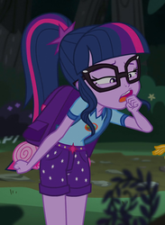 Size: 448x611 | Tagged: safe, screencap, sci-twi, sunset shimmer, twilight sparkle, equestria girls, g4, legend of everfree - bloopers, camp everfree outfits, cropped, female, glasses, offscreen character, ponytail, snarf