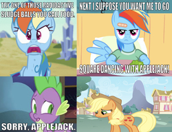 Size: 666x512 | Tagged: safe, edit, edited screencap, editor:undeadponysoldier, screencap, applejack, rainbow dash, spike, dragon, earth pony, pegasus, pony, g4, angry, apology, bandaid, caption, castle, crystal empire, disappointed, female, food, freckles, image macro, just one bite, male, mare, meme, ponyville, ponyville hospital, reference, sad, spongebob squarepants, text, wrong aspect ratio