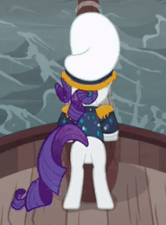 Size: 211x285 | Tagged: safe, screencap, rarity, pony, unicorn, g4, ppov, season 6, animated, boat, butt, captain rarity, cropped, face not visible, female, gif, hat, mare, ocean, outfit, plot, rearity, ship, solo, water