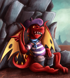 Size: 1129x1250 | Tagged: safe, artist:jamescorck, garble, dragon, g4, sweet and smoky, beatnik, beret, bongos, hat, male, musical instrument, one eye closed, solo, striped shirt, that was fast, wink