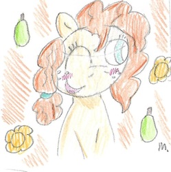 Size: 840x844 | Tagged: safe, artist:ptitemouette, pear butter, earth pony, pony, g4, food, one eye closed, pear, traditional art, wink