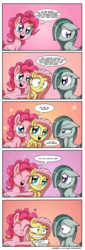 Size: 1000x2944 | Tagged: safe, artist:daniel-sg, edit, fluttershy, marble pie, pinkie pie, earth pony, pony, g4, call the cops, comic, cyrillic, female, hug, mare, russian, scared, shy, siblings, sign, smiling, translation, twins, unamused