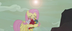 Size: 1896x832 | Tagged: safe, screencap, baby cinder, baby rubble, baby sparks, fluttershy, dragon, pegasus, pony, g4, sweet and smoky, baby, baby dragon, cute, daaaaaaaaaaaw, fluttermom, hug, lens flare, shyabetes