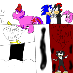 Size: 1000x1000 | Tagged: safe, artist:mylittlebicks, pinkie pie, twilight sparkle, comic:time of pony and animals, g4, abuse of power, crossover, dark magic, magic, male, mephiles the dark, shadow the hedgehog, sonic the hedgehog, sonic the hedgehog (series)
