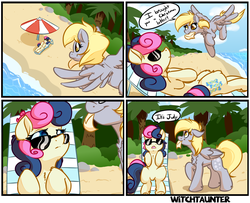 Size: 4000x3250 | Tagged: safe, artist:witchtaunter, bon bon, derpy hooves, sweetie drops, earth pony, pegasus, pony, g4, beach, beach chair, chair, chest fluff, christmas, christmas in july, comic, commission, dialogue, duo, female, holiday, leg fluff, letter, mare, mouth hold, speech bubble