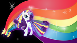 Size: 11383x6400 | Tagged: safe, artist:rainbownspeedash, rarity, pony, g4, absurd resolution, female, glowing horn, horn, multicolored hair, rainbow background, rainbow hair, rainbow power, rainbow power-ified, rainbow tail, solo, wallpaper