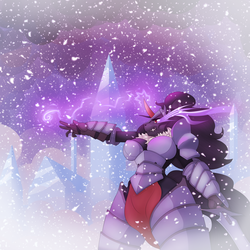Size: 3000x3000 | Tagged: safe, artist:limebreaker, king sombra, unicorn, anthro, g4, armor, breasts, busty queen umbra, female, high res, loincloth, magic, queen umbra, rule 63, snow, snowfall, solo, sombra eyes, sword, weapon