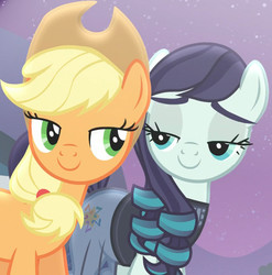 Size: 970x983 | Tagged: safe, screencap, applejack, coloratura, earth pony, pony, g4, season 5, the mane attraction, cropped, duo, female, lidded eyes, looking at each other, mare, out of context, rara, smiling, stage
