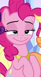 Size: 585x1080 | Tagged: safe, screencap, applejack, pinkie pie, rarity, earth pony, pony, unicorn, g4, season 9, the beginning of the end, cropped, element of laughter, faic, female, lidded eyes, mare, out of context, smiling, solo focus