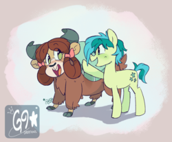 Size: 1022x846 | Tagged: safe, artist:great9star, sandbar, yona, pony, yak, g4, bow, cloven hooves, cute, eye clipping through hair, female, hair bow, interspecies, male, monkey swings, sandabetes, ship:yonabar, shipping, signature, simple background, straight, teenager, yonadorable
