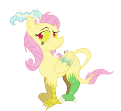 Size: 1098x1000 | Tagged: safe, artist:sixes&sevens, discord, fluttershy, g4, colored sclera, female, fusion, horn, leonine tail, simple background, solo, transparent background