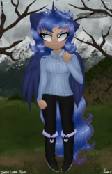 Size: 2250x3500 | Tagged: safe, artist:darkest-lunar-flower, princess luna, alicorn, human, g4, annoyed, blushing, boots, clothes, cross-popping veins, female, high res, horn, horned humanization, humanized, jewelry, necklace, pony ears, shoes, solo, sweater, tailed humanization, turtleneck, winged humanization, wings