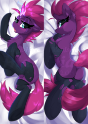 Size: 1506x2111 | Tagged: dead source, safe, alternate version, artist:rileyisherehide, tempest shadow, pony, unicorn, blushing, body pillow, body pillow design, broken horn, butt, chest fluff, clothes, dock, ear fluff, eye scar, female, floppy ears, glowing horn, horn, leg fluff, lightly watermarked, looking at you, looking back, looking back at you, mare, patreon, plot, ripped stockings, scar, socks, solo, stockings, thigh highs, torn clothes, watermark