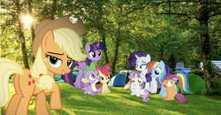 Size: 656x341 | Tagged: safe, artist:undeadponysoldier, apple bloom, applejack, rainbow dash, rarity, scootaloo, spike, sweetie belle, twilight sparkle, alicorn, dragon, earth pony, pegasus, pony, unicorn, g4, apple bloom's bow, applejack's hat, beautiful, bow, camping, car, cowboy hat, cute, cutie mark crusaders, daaaaaaaaaaaw, family vacation, female, filly, grass, hair bow, happy, hat, irl, lens flare, lidded eyes, looking at you, looking back, looking back at you, male, mare, one of these things is not like the others, photo, ponies in real life, raised hoof, scared, ship:spikebloom, shipping, sitting, straight, sun, tent, tree, twilight sparkle (alicorn)