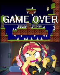 Size: 1913x2391 | Tagged: safe, edit, edited screencap, screencap, fluttershy, sunset shimmer, equestria girls, equestria girls series, g4, spoiler:eqg series (season 2), gamer sunset, gravestone, i wanna be the guy, moon, press r to try again, spikes, sunset shimmer frustrated at game, tree