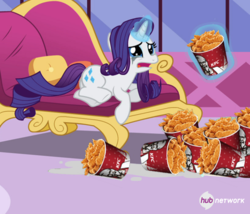 Size: 546x467 | Tagged: safe, edit, edited screencap, screencap, rarity, chicken, pony, g4, inspiration manifestation, chicken meat, couch, cropped, crying, female, food, fried chicken, kfc, marshmelodrama, meat, ponies eating meat, solo, this will end in weight gain