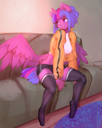 Size: 3000x3762 | Tagged: safe, artist:qweeli, twilight sparkle, alicorn, anthro, g4, breasts, busty twilight sparkle, clothes, couch, high res, human facial structure, jacket, short hair, sitting, socks, sports shorts, thigh highs, twilight sparkle (alicorn)