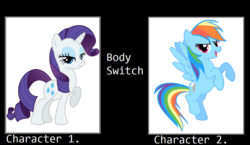 Size: 1024x594 | Tagged: safe, edit, editor:mega-poneo, rainbow dash, rarity, pony, let's switch bodies, g4, body swap, meme