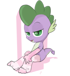Size: 1322x1428 | Tagged: safe, artist:road75, spike, dragon, g4, clothes, crossdressing, looking at you, no source available, solo, stockings, stupid sexy spike, thigh highs