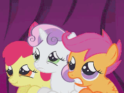 Size: 640x480 | Tagged: safe, screencap, apple bloom, scootaloo, sweetie belle, earth pony, pegasus, pony, unicorn, friendship is magic, animated, blinking, cropped, curtains, cutie mark crusaders, female, filly, gif, scared, scrunchy face, trio