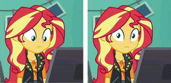 Size: 1872x911 | Tagged: safe, edit, edited edit, edited screencap, screencap, sunset shimmer, human, equestria girls, equestria girls series, forgotten friendship, g4, computer reaction faces, cropped, editception, female, geode of empathy, i've seen some shit, looking at something, looking at you, magical geodes, meme, reaction image, solo, wut face
