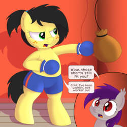 Size: 3000x3000 | Tagged: safe, artist:an-tonio, artist:toyminator900, oc, oc only, oc:coldfire (bat pony), oc:uppercute, bat pony, earth pony, pony, bat pony oc, bipedal, boxing, boxing gloves, clothes, fangs, freckles, high res, ponytail, punching bag, remake, shorts, slit pupils, speech bubble, sports, sports shorts