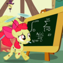 Size: 128x128 | Tagged: safe, screencap, apple bloom, earth pony, pony, g4, season 2, the cutie pox, chalk, chalkboard, confused, cropped, cutie pox, female, filly, hoop, math, picture for breezies, plate, raised eyebrow, solo, tap dancing