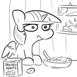 Size: 1080x1080 | Tagged: safe, artist:tjpones, princess celestia, twilight sparkle, alicorn, pony, g4, breakfast, cereal, displeased, eating, female, food, grayscale, look of disapproval, mare, monochrome, picture, picture frame, ponut, solo, spoon, twilight sparkle (alicorn), twilight sparkle is not amused, unamused, ಠ ಠ