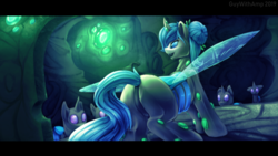 Size: 4800x2700 | Tagged: safe, artist:ampderg, oc, oc:queen polistae, changeling, changeling queen, blue changeling, butt, changeling oc, changeling queen oc, fake screencap, female, gemstones, hair bun, letterboxing, plot, spread wings, wings