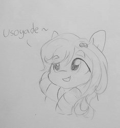Size: 1300x1382 | Tagged: safe, artist:tjpones, earth pony, pony, aoi inuyama, clothes, cute, cute little fangs, dialogue, eyebrows, eyebrows visible through hair, fangs, female, grayscale, japanese, lineart, mare, monochrome, osaka dialect, pencil drawing, ponified, scarf, simple background, solo, traditional art, yuru camp
