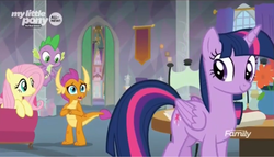 Size: 1552x888 | Tagged: safe, screencap, fluttershy, smolder, spike, twilight sparkle, alicorn, dragon, pony, g4, sweet and smoky, banner, couch, discovery family logo, door, dragoness, female, male, mare, school of friendship, teacher's lounge, twilight sparkle (alicorn), window