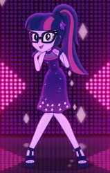 Size: 717x1125 | Tagged: safe, screencap, sci-twi, twilight sparkle, equestria girls, g4, i'm on a yacht, spoiler:eqg series (season 2), cropped, cute, feet, female, geode of telekinesis, glasses, looking at you, magical geodes, neon eg logo, open-toed shoes, ponytail, sandals, sleeveless, solo, twiabetes