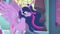 Size: 1920x1080 | Tagged: safe, twilight sparkle, alicorn, pony, g4, canterlot castle, castle, crown, fake, fake screencap, faker than a three dollar bill, female, flowing mane, hilarious in hindsight, jewelry, mare, older, regalia, seems legit, solo, throne room, twilight sparkle (alicorn), ultimate twilight