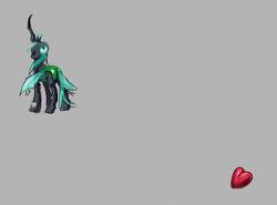 Size: 1280x949 | Tagged: safe, artist:xbi, queen chrysalis, changeling, changeling queen, g4, 30 minute art challenge, denied, eyes closed, female, gray background, heart, jewelry, regalia, simple background, solo, walking away