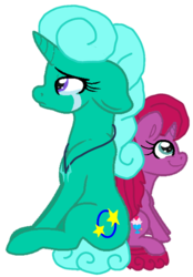 Size: 751x1080 | Tagged: safe, artist:徐詩珮, glitter drops, oc, oc:betty pop, pony, unicorn, g4, my little pony: the movie, base used, crying, duo, duo female, female, filly, magical lesbian spawn, mare, mother and daughter, next generation, offspring, parent:glitter drops, parent:tempest shadow, parents:glittershadow, sad, simple background, smiling, transparent background