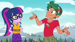Size: 1280x720 | Tagged: safe, screencap, sci-twi, timber spruce, twilight sparkle, equestria girls, g4, legend of everfree - bloopers, arm behind back, camp everfree outfits, clothes, cute, female, glasses, lifejacket, male, ponytail, shipping, shorts, sky, smiling, straight, timberbetes, timbertwi