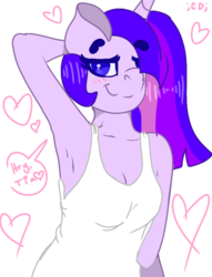 Size: 600x785 | Tagged: safe, artist:crippling depression, twilight sparkle, alicorn, anthro, g4, alternate hairstyle, arm behind head, armpits, blushing, breasts, clothes, female, hair over one eye, heart, implied lesbian, implied shipping, implied twilestia, signature, solo, stretching, tank top