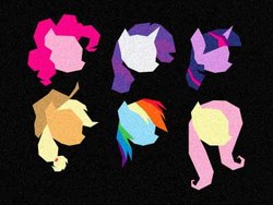Size: 400x300 | Tagged: artist needed, safe, applejack, fluttershy, pinkie pie, rainbow dash, rarity, twilight sparkle, earth pony, pegasus, pony, unicorn, g4, applejack's hat, black background, cowboy hat, hat, head, mane six, simple background, unicorn twilight