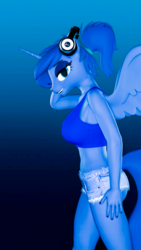 Size: 2160x3840 | Tagged: safe, artist:helioseusebio, princess luna, anthro, gamer luna, g4, 3d, alternate hairstyle, breasts, busty princess luna, clothes, daisy dukes, eyeshadow, female, gradient background, high res, lidded eyes, makeup, midriff, ponytail, scrunchie, shorts, solo, source filmmaker, sports bra