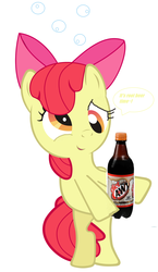 Size: 3051x5243 | Tagged: safe, edit, apple bloom, earth pony, pony, g4, asdfmovie reference in the description, cute, derp, drunk, drunk bubbles, drunk filly, female, filly, inverted mouth, it's root beer time, root beer, solo, speech bubble, text