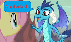 Size: 1502x886 | Tagged: safe, edit, edited screencap, screencap, fluttershy, princess ember, dragon, g4, sweet and smoky, dialogue, discovery family logo, dragon lord ember, dragoness, dragonlord, female, speech bubble
