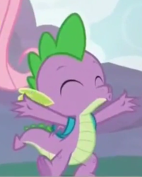 Size: 365x455 | Tagged: safe, screencap, fluttershy, spike, dragon, g4, sweet and smoky, claws, cropped, eyes closed, male, offscreen character, solo focus, tail, winged spike, wings
