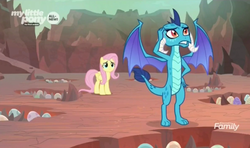 Size: 1490x884 | Tagged: safe, screencap, fluttershy, princess ember, dragon, pegasus, pony, g4, sweet and smoky, discovery family logo, dragon egg, dragon lord ember, dragoness, duo, egg, female, holes, mare, nest, scratching, spread wings, wings