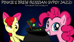 Size: 1024x576 | Tagged: safe, apple bloom, pinkie pie, pinkie's brew, g4, cartoonified, cauldron, dark blue background, derp, dizzy, drunk, drunk bubbles, pinkiebloom, portuguese, portuguese flag, smiling, text