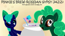 Size: 1024x576 | Tagged: safe, edit, edited screencap, screencap, apple bloom, pinkie pie, pinkie's brew, g4, beige background, cauldron, derp, dizzy, drunk, drunk bubbles, inverted colors, pinkiebloom, portuguese, portuguese flag, simple background, smiling, text